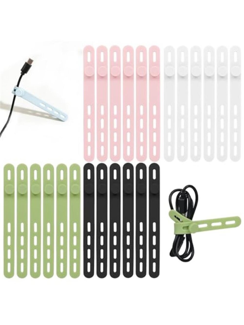 24 Pack Silicone Cable Ties Cord Organizer Wire Management Reusable Adjustable